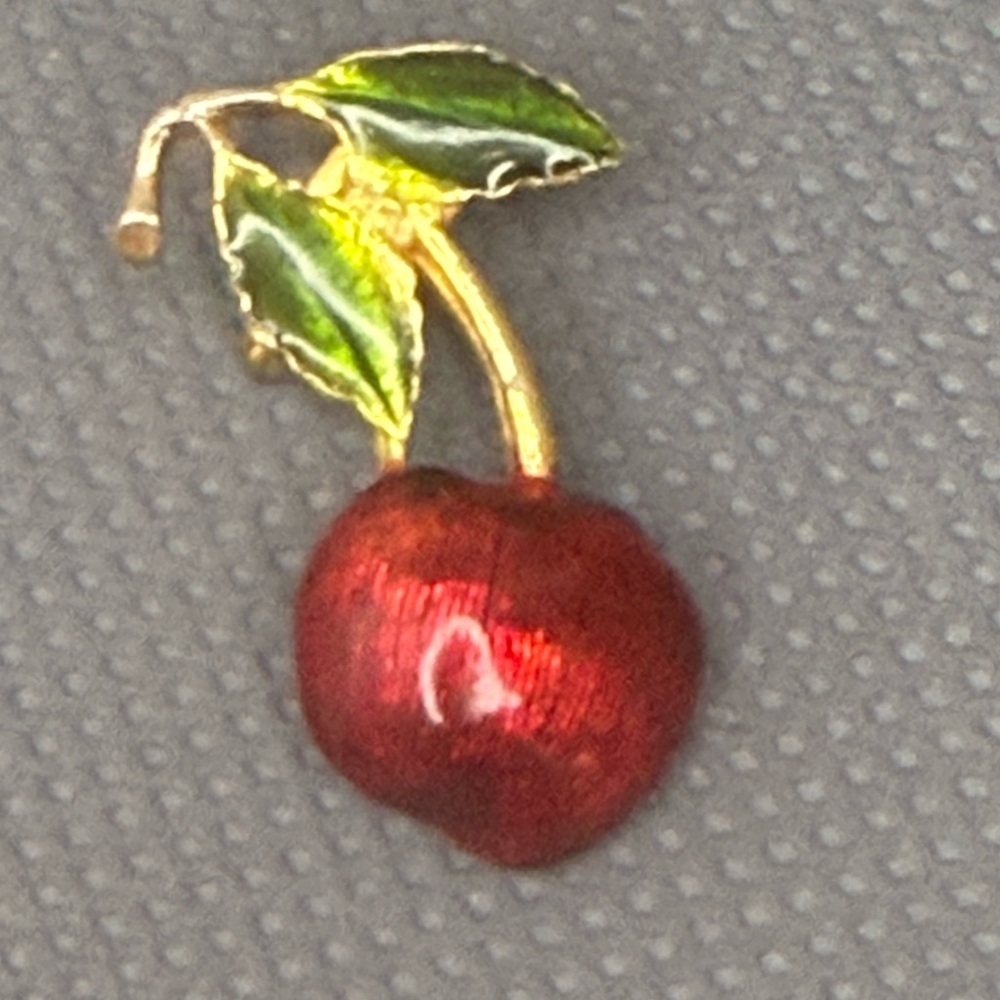 Vintage Cherry Apple Brooch with Green Leaves Adorned